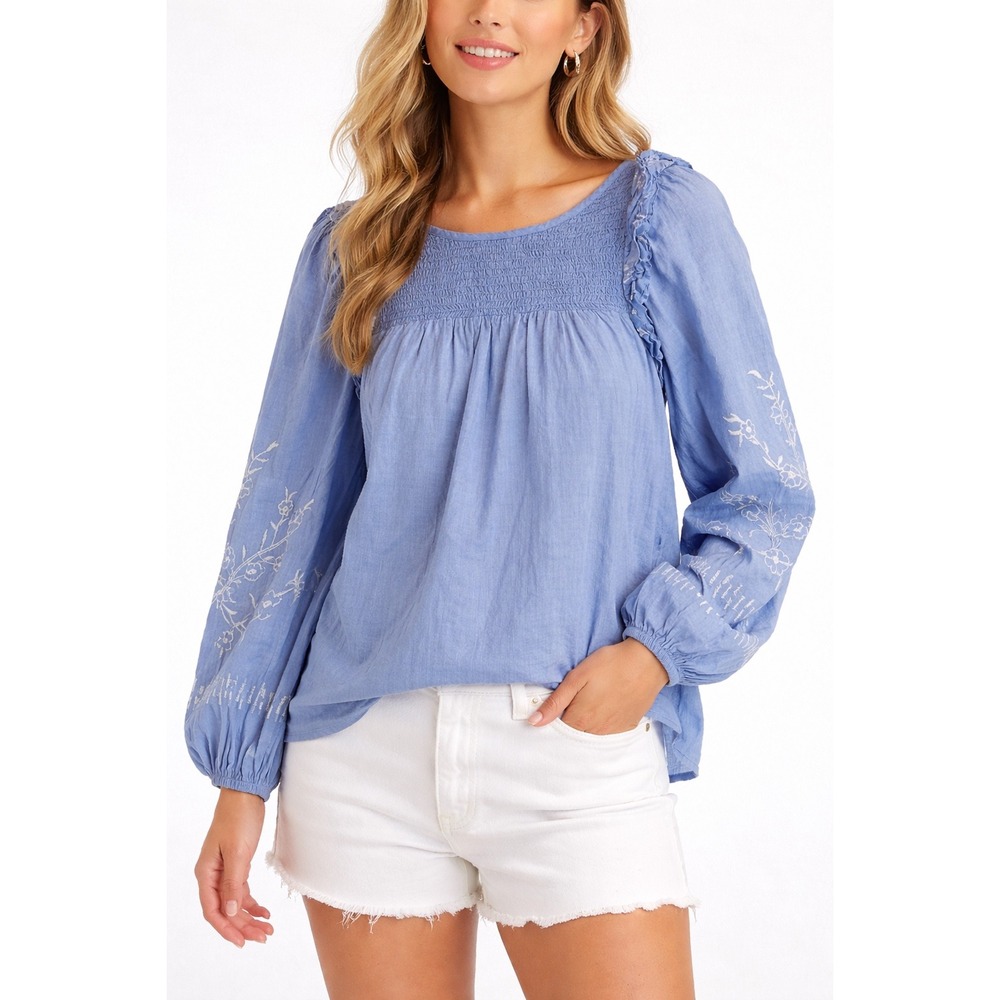 LOFT Blue Smocked Embroidered Floral Ruffle Peasant Blouse Womens Medium Boho